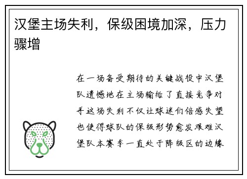 汉堡主场失利，保级困境加深，压力骤增